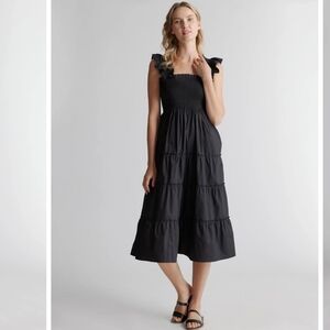 Quince 100% Organic Cotton Poplin Smocked Midi Dress black small $158